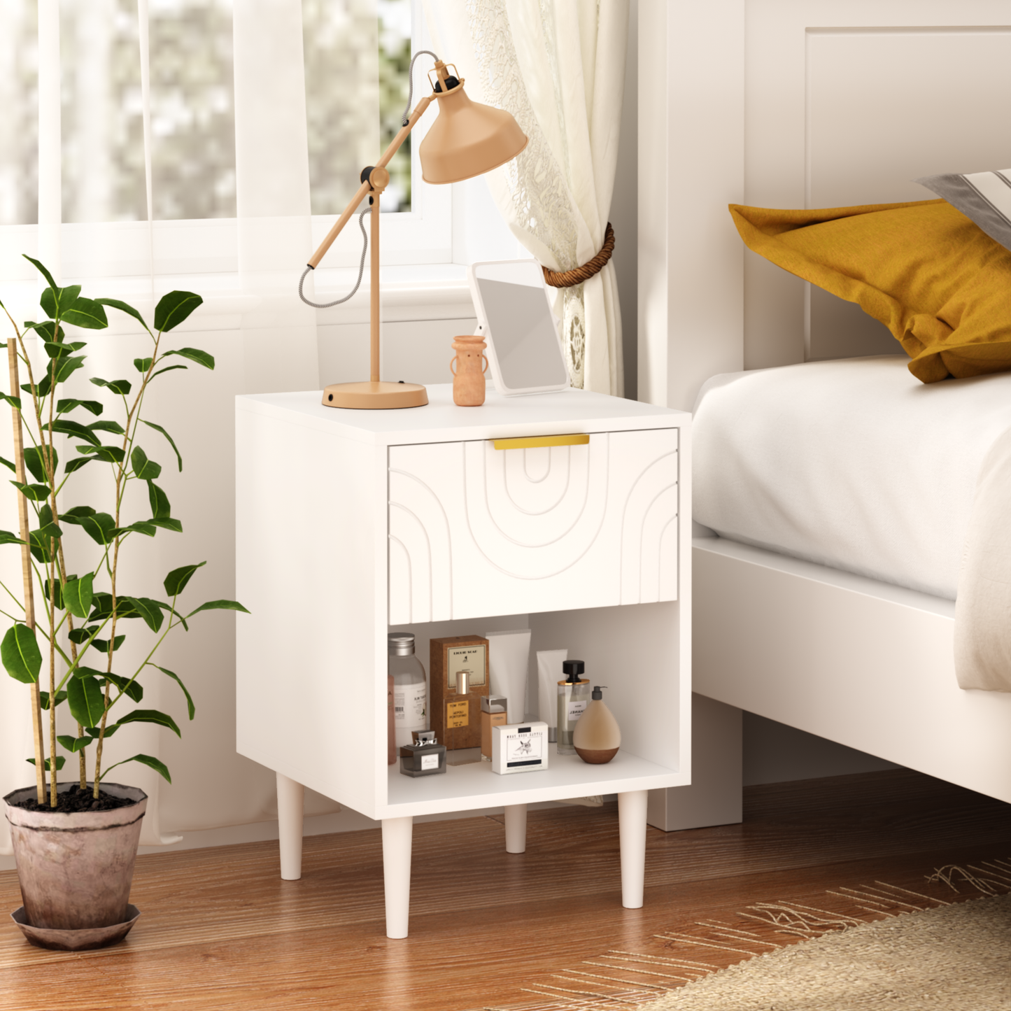 22.83'' H Modern White Nightstand with One Drawer and Open Shelf, Gold - Accented Handle, Ideal for Bedroom Decor image 9