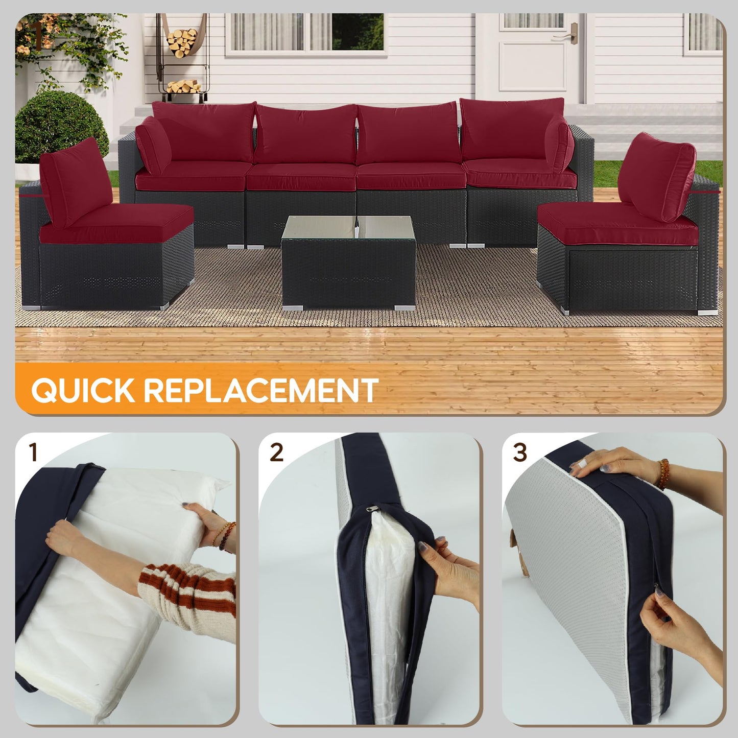 Cushion Covers for 7 Pcs (6-Seaters) Wicker Rattan Sectional Sofa, 14Pack Cushion Slipcovers Set Seat and Back,Outdoor Cushion Slipcover with Zipper, red(Only Cover) red image 2
