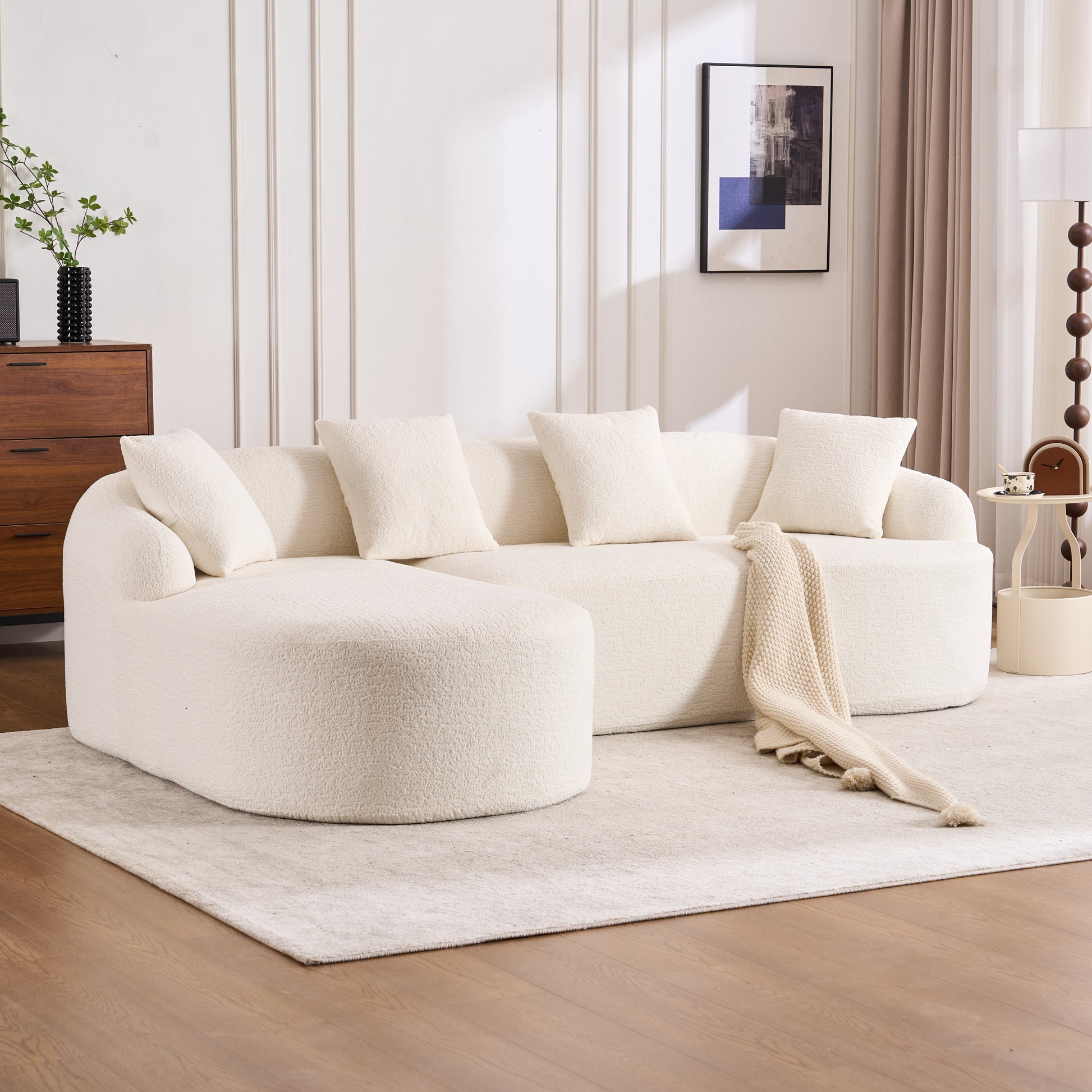 Boneless L-Shape Sectional Sofa with Curved Chaise,White Modular Chenille Compression Couch,30D High-Density Foam,Minimalist Modular Couches Sleeper for Living Room Bedroom Apartment Lounge. image 8