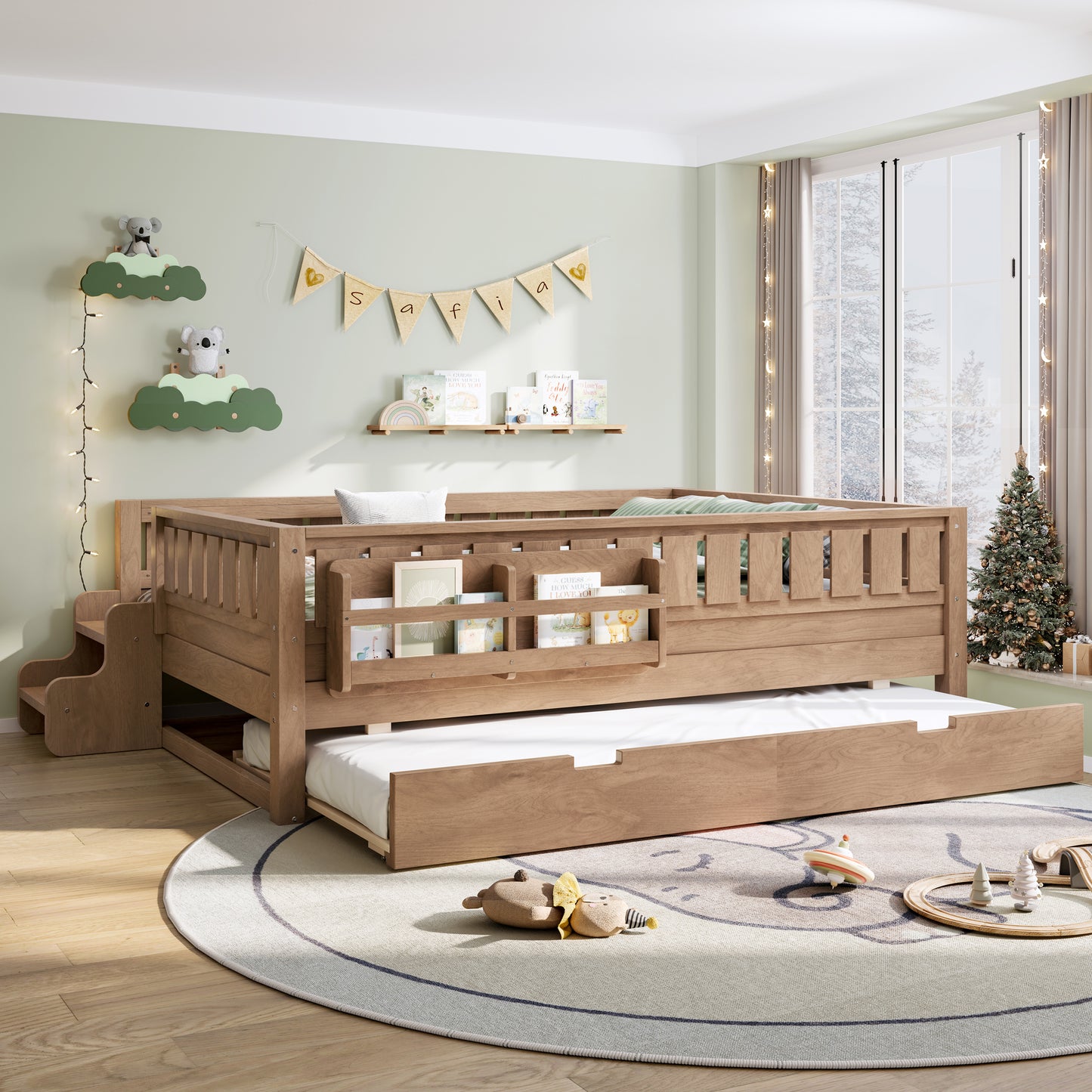 Full with built-in bookshelves and small staircase, high-quality safety rails, and Trundle,Natural image 3