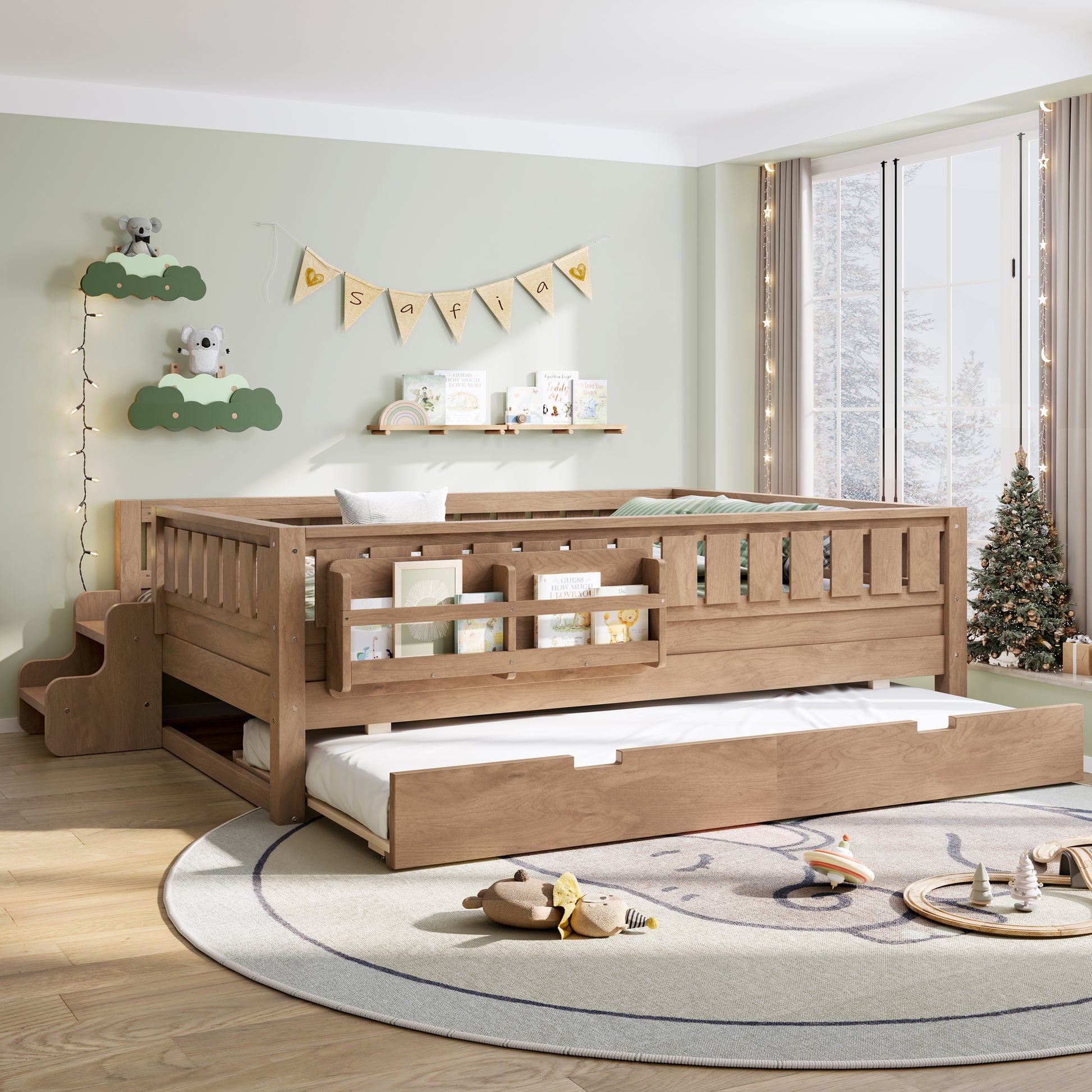 Full with built-in bookshelves and small staircase, high-quality safety rails, and Trundle,Natural image 3