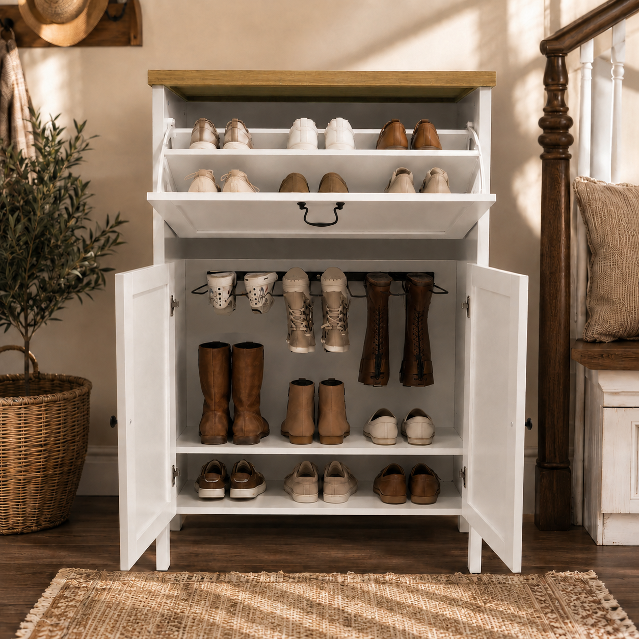 Shoe Cabinet with Flip Drawer, Boot Rack and 6 Boot Clips, Narrow Entryway Shoe Cabinet with Adjustable Shelf, Freestanding Shoe Organizer Cabinet for Entryway, Foyer, 31.5"W x 15.7"D x 45.3"H-White image 4