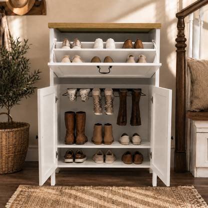 Shoe Cabinet with Flip Drawer, Boot Rack and 6 Boot Clips, Narrow Entryway Shoe Cabinet with Adjustable Shelf, Freestanding Shoe Organizer Cabinet for Entryway, Foyer, 31.5"W x 15.7"D x 45.3"H-White image 4