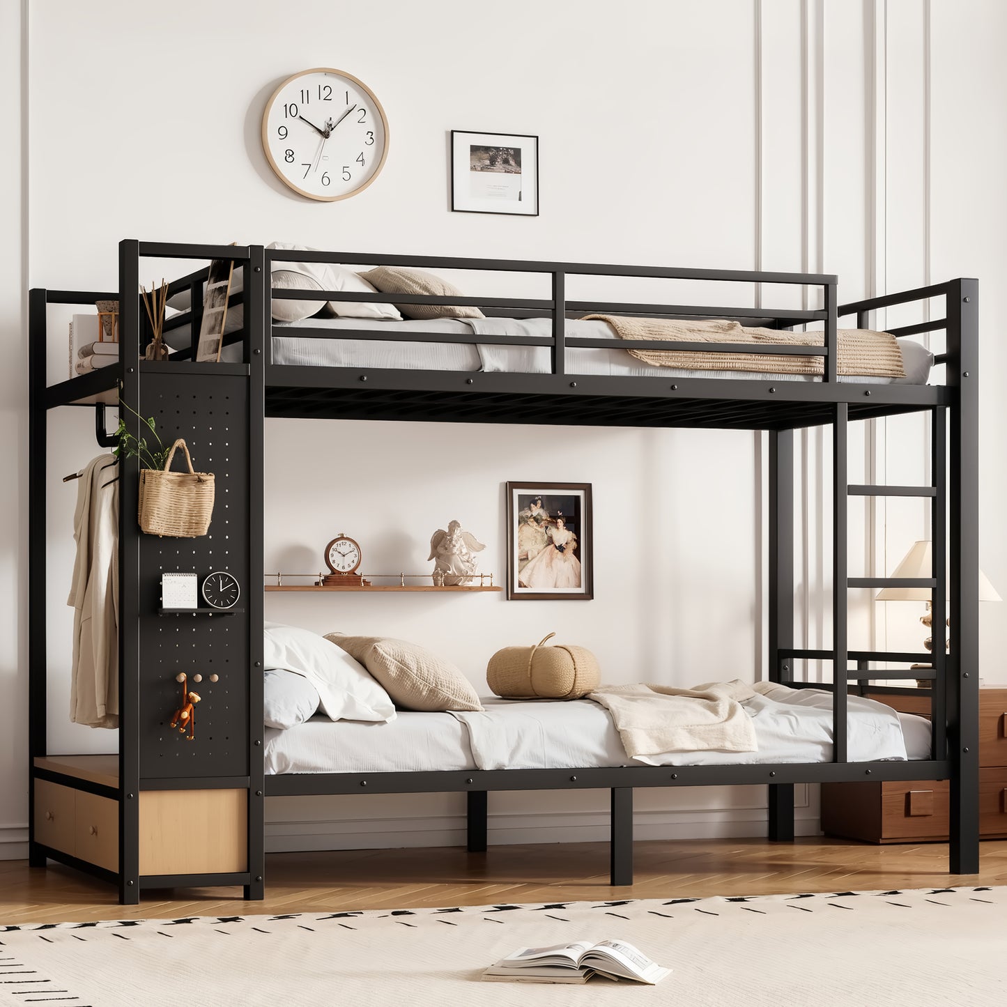 Twin XL over Twin XL size Metal Bunk Bed for Teens with Storage Shelves,Drawers and Pegboard,Black image 1
