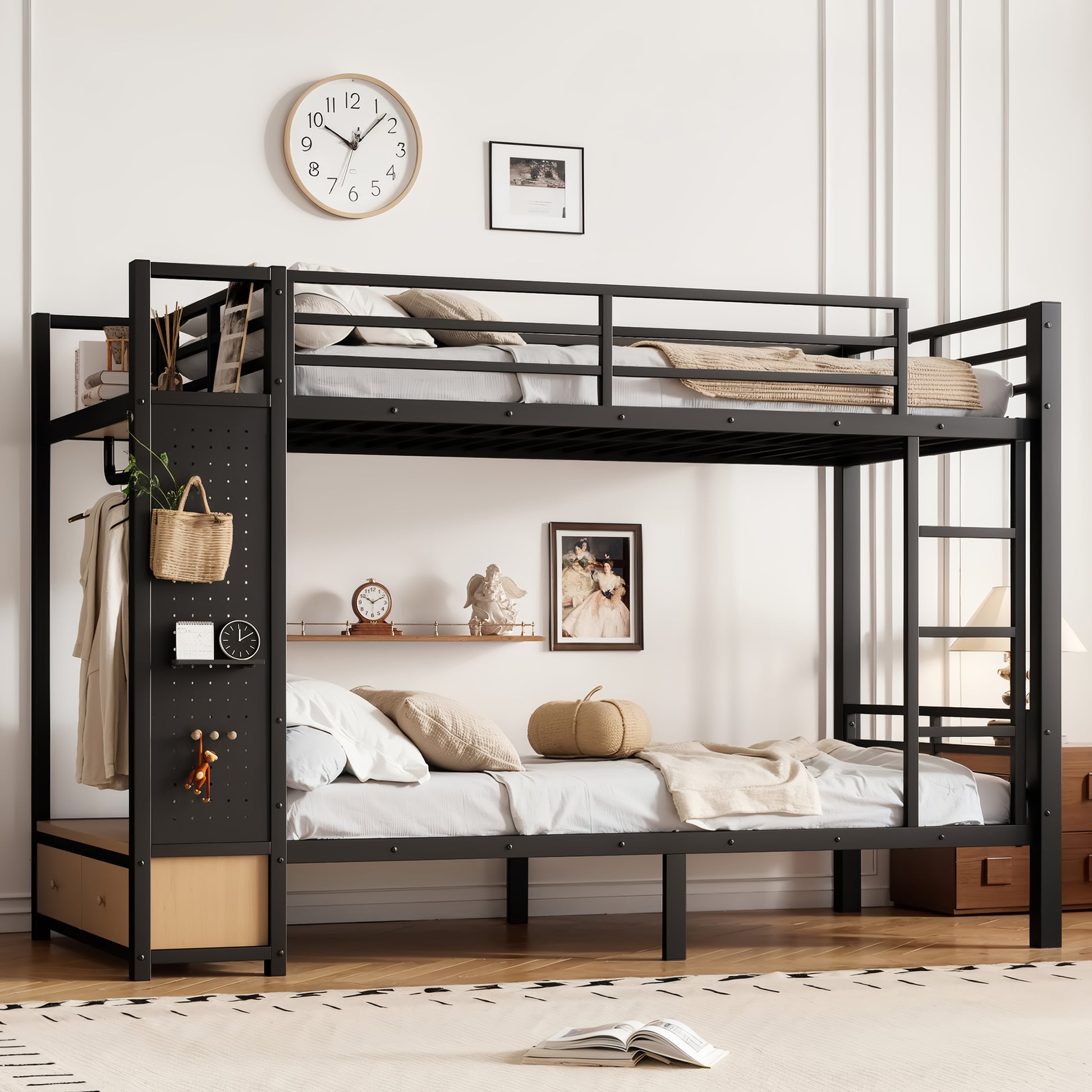 Twin XL over Twin XL size Metal Bunk Bed for Teens with Storage Shelves,Drawers and Pegboard,Black image 1