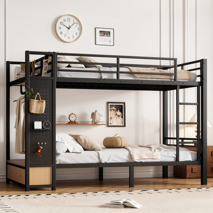 Twin XL over Twin XL size Metal Bunk Bed for Teens with Storage Shelves,Drawers and Pegboard,Black image 1