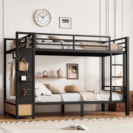 Twin XL over Twin XL metal bunk bed with storage shelves, drawers, and pegboard - black front view