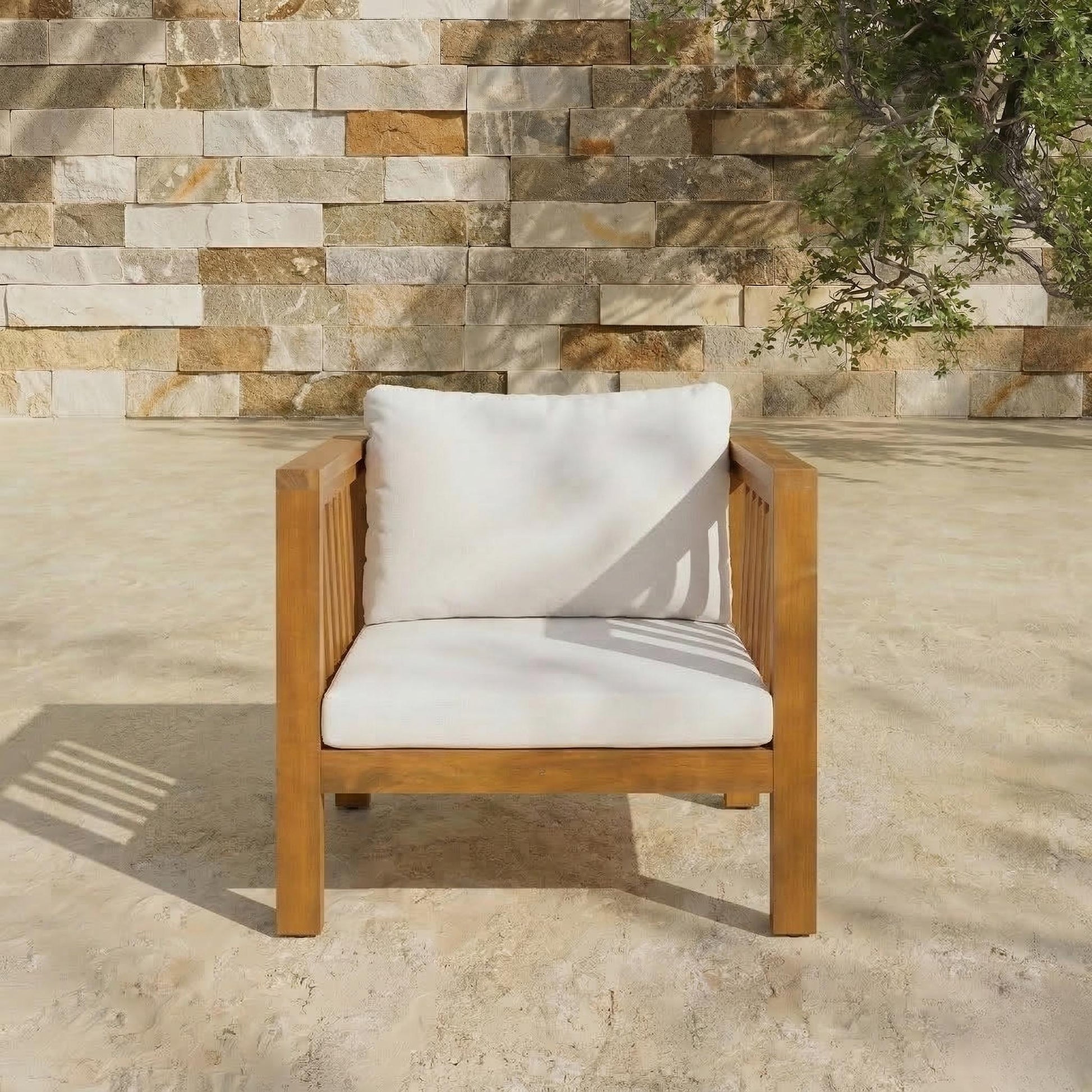 Outdoor Acacia Wood Club Chair with Modern Square Arms, Patio Chair with Thick Cushion, Adjustable Leveling Feet for Poolside, Backyard & Deck, Beige Cushion image 3