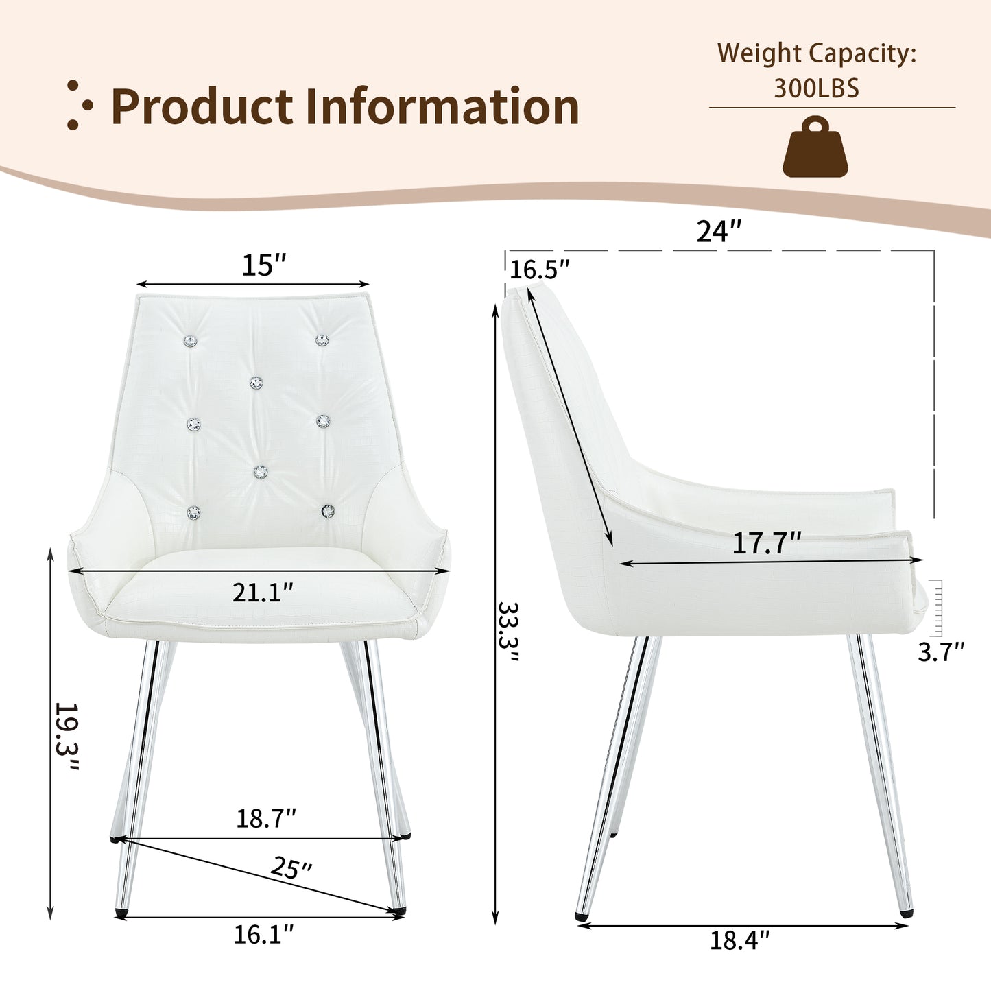 Crocodile Pattern Premium PU Leather Accent Chair, Diamond Decor Backrest, Chrome Silver Metal Legs & High-Resilience Sponge Cushion – Versatile for Office, Dining Room & Living Room (White, Set of 2) image 2