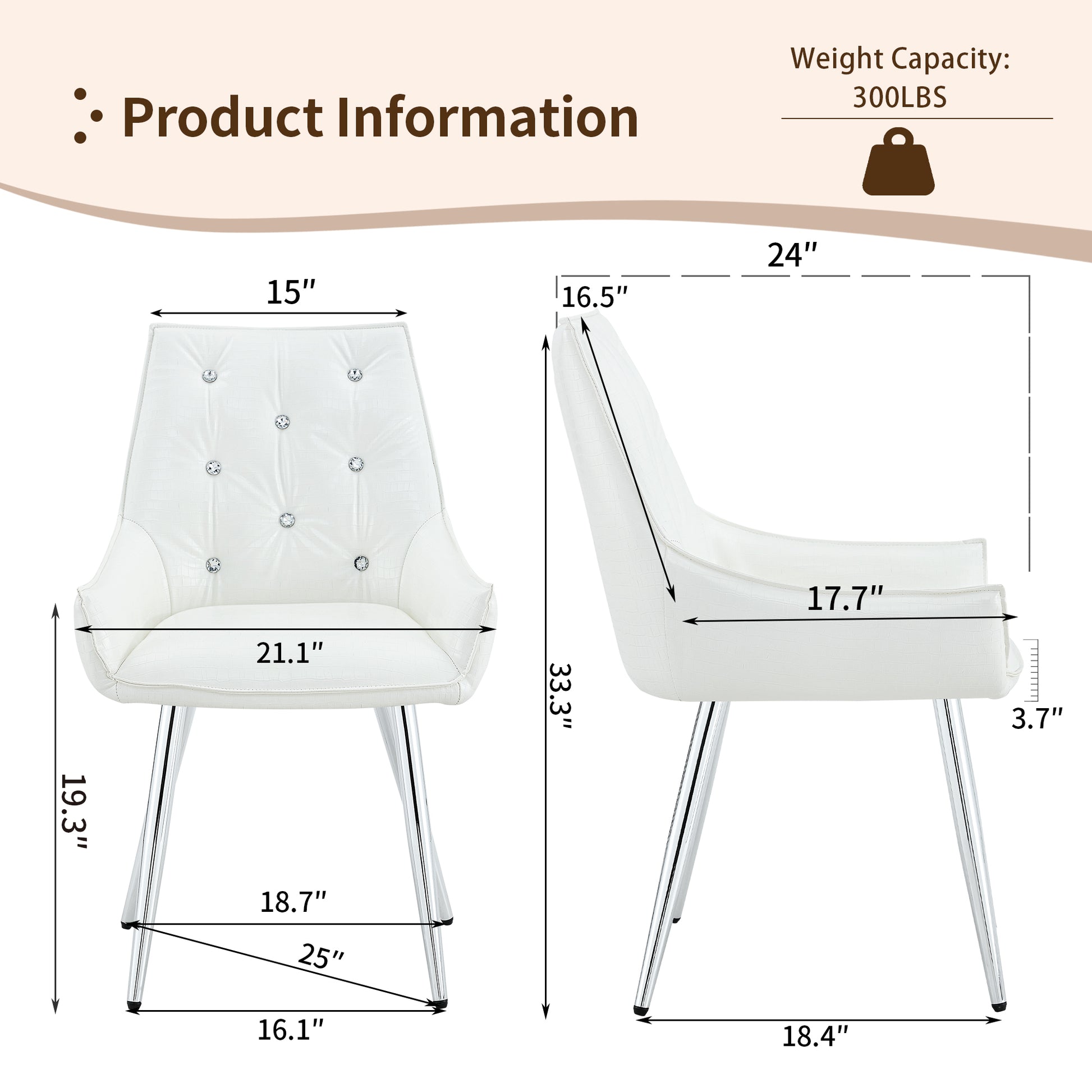 Crocodile Pattern Premium PU Leather Accent Chair, Diamond Decor Backrest, Chrome Silver Metal Legs & High-Resilience Sponge Cushion – Versatile for Office, Dining Room & Living Room (White, Set of 2) image 2