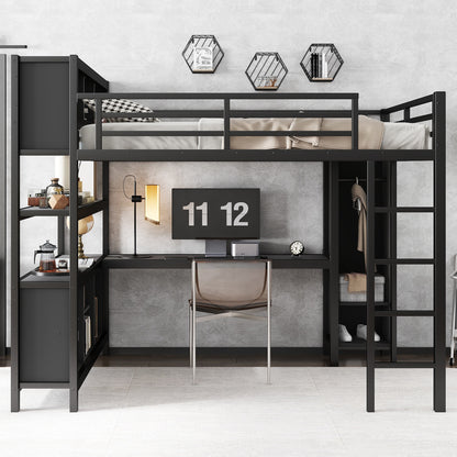 Metal Loft Bed with Wardrobe And L-shaped Desk, Queen Size Loft Bed with Storage Cubes and Shelves, Heavy Duty Loft Bed for Kids Teens Adults, Black image 3