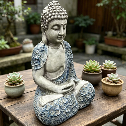 16'' Weatherproof Resin Buddha Garden Statue, Blue Floral Accent Meditating Buddha Figurine, Outdoor Zen Decor for Patio, Yard, Lawn & Landscape image 9