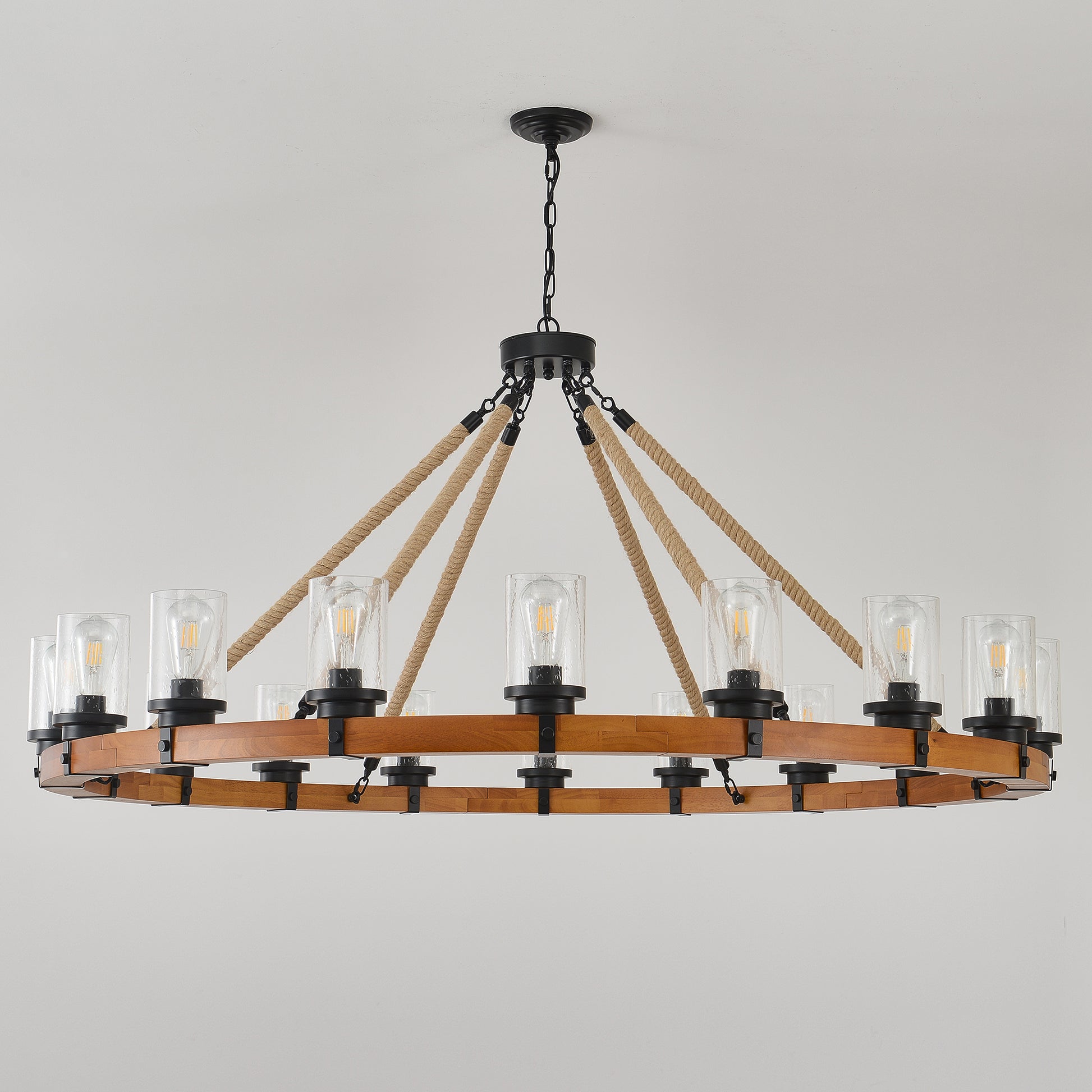 18-Light Rustic Wagon Wheel Chandelier,59"Wooden Pendant Light with Seeded Glass Shade,Industrial Chandeliers for Dining Room Kitchen lsland Foyer (Solid One-Piece Wood Frame Design)-NO INCLUDED BULBS image 4