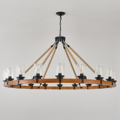18-Light Rustic Wagon Wheel Chandelier,59"Wooden Pendant Light with Seeded Glass Shade,Industrial Chandeliers for Dining Room Kitchen lsland Foyer (Solid One-Piece Wood Frame Design)-NO INCLUDED BULBS image 4