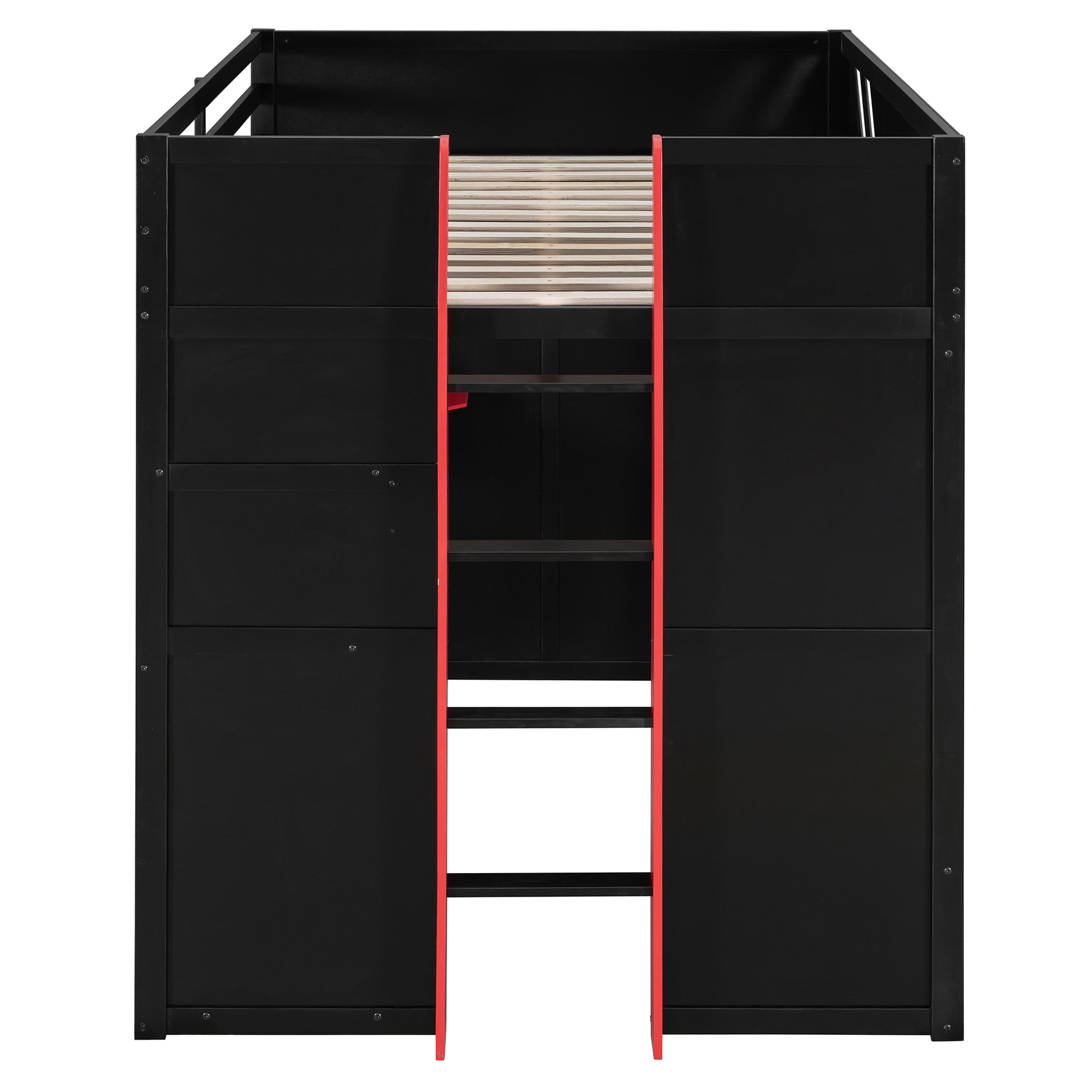 Full Size Wood Loft Bed with,Shelves,Blackout Curtains,and RGB Lights,Black+Red image 10
