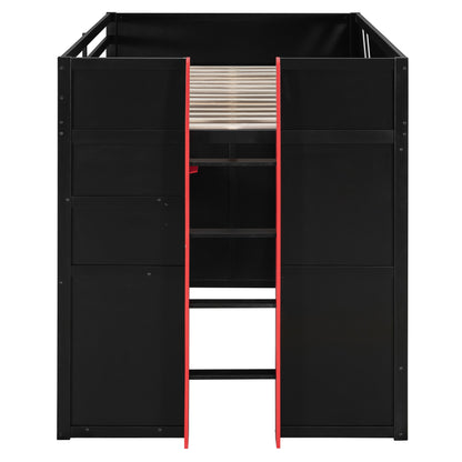 Full Size Wood Loft Bed with,Shelves,Blackout Curtains,and RGB Lights,Black+Red image 10