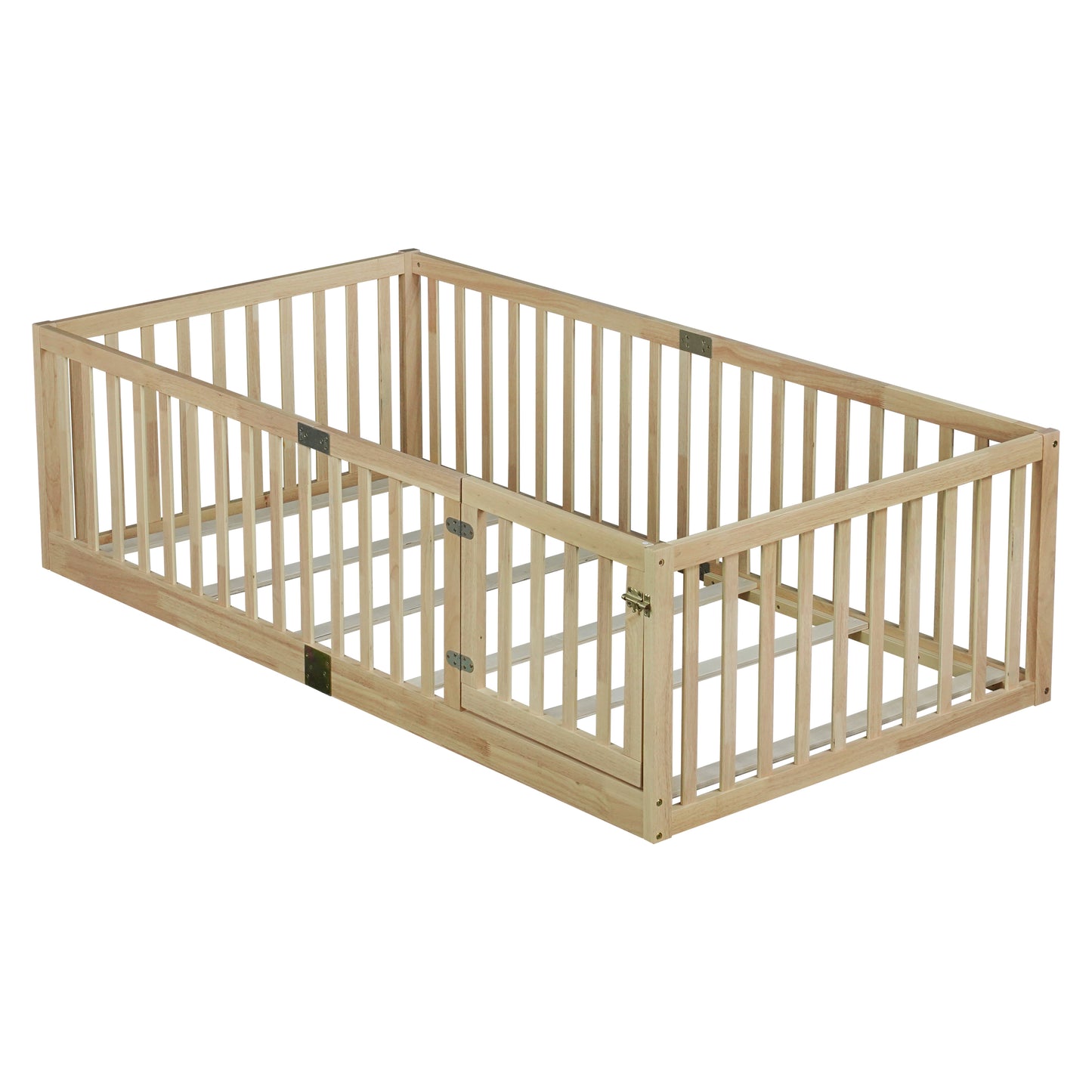 Twin Size Floor Bed with High Fence Railings, with Door, Rubber Wood Floor Bed with Safety Guardrails,Natural image 10