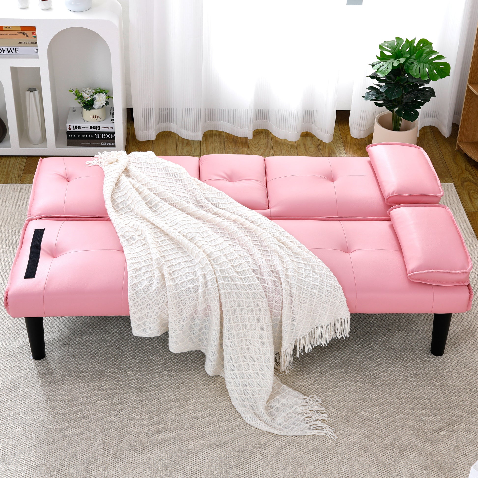 The 67-inch pink PVC multi-functional sofa bed, with a foldable and cup holder design, makes it extremely convenient to turn the living room into a guest room image 8