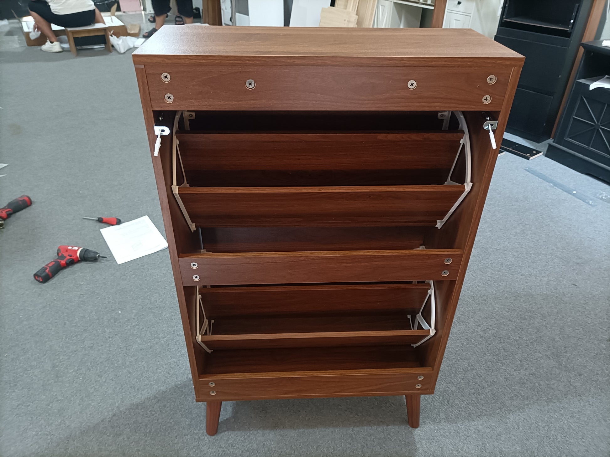 Medieval Modern Independent Shoe Cabinet, 23.62-inch Walnut Shoe Storage Cabinet, Fence Shoe Cabinet with 2 Flip Drawers, Suitable For Corridors And Entrances image 4