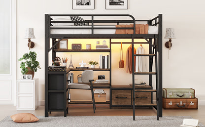 Full Size Loft Bed with Desk and Light, Metal Loft Bed with Storage Shelves, Wardrobe and Drawers for Boys Girls(Old SKU W2593S00040) image 8