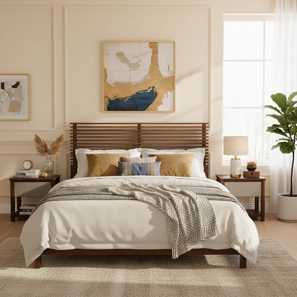 Premium Solid Wood King Size Bed Frame with Headboard, -Walnut Color, 600lbs Capacity, for Modern Bedroom,No Box Spring Needed, Fits All Mattresses image 1