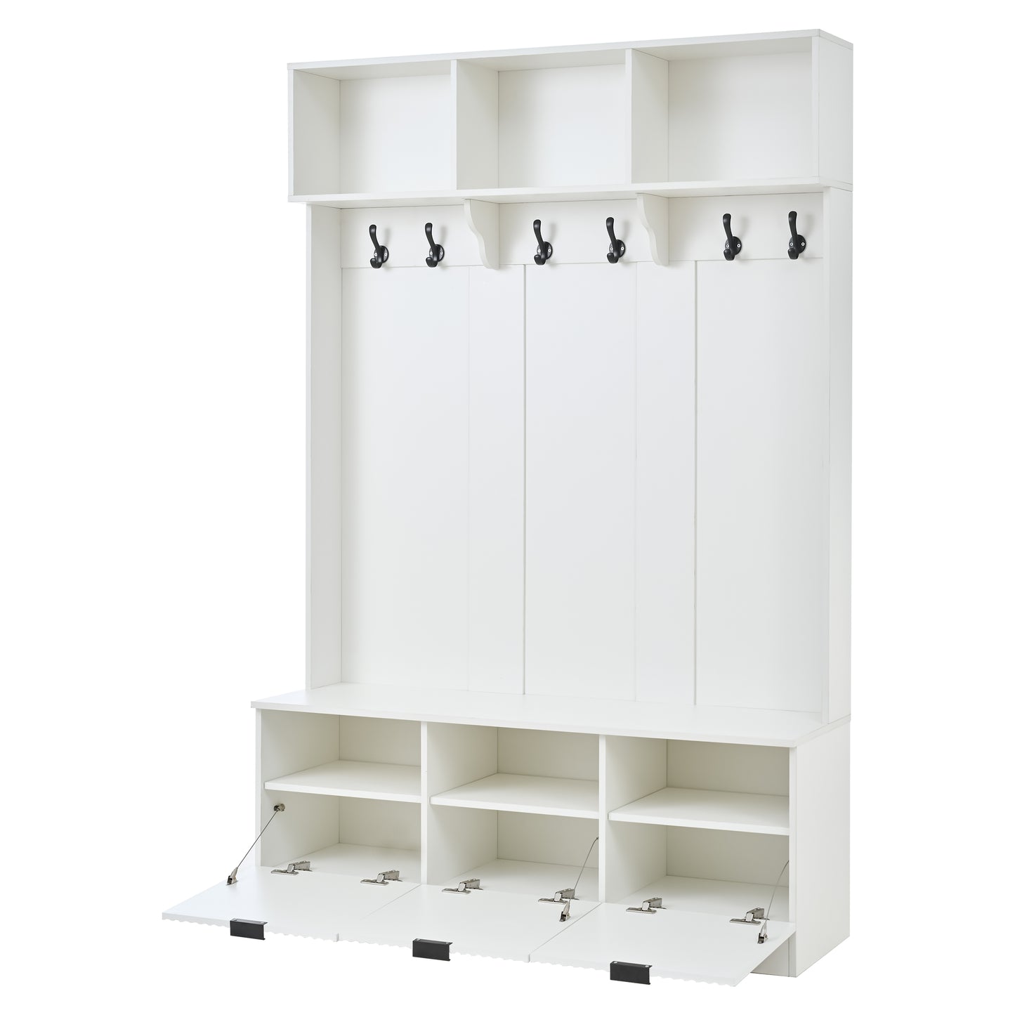 49.6 " 5-in-1 Hall Tree with Bench, Shoe Storage & 3 Open Storage Cabinets, Farmhouse Hall Tree with High Gloss Fluted Doors for Hallway Living Room image 10
