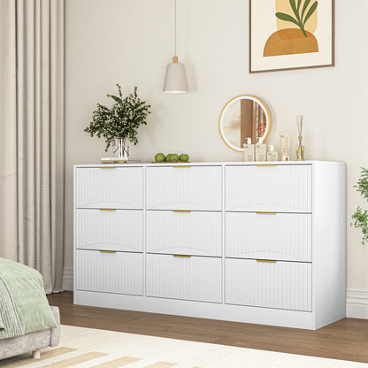 White 9 Drawer Dresser, 63" Large Deep Chest of Drawers, Wooden Dresser Storage Cabinet with 9 Drawers for Bedroom, Long Dressers for Living Room, Hallway, Drawer panel with wavy patterns image 7
