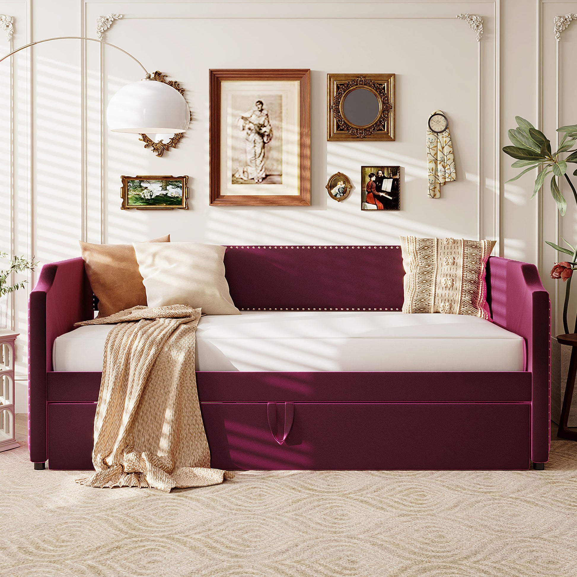 Twin Size Velvet Upholstered Daybed with Pop Up Trundle, Wine Red image 1