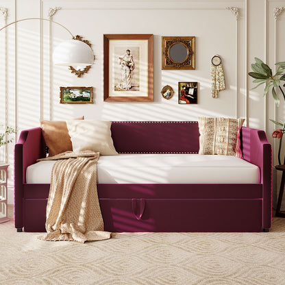 Twin Size Velvet Upholstered Daybed with Pop Up Trundle, Wine Red image 1