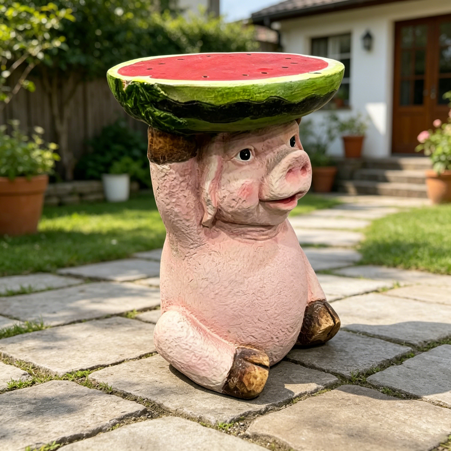 13.39" High Cute Pig Side Table, 11.34" Wide Resin Pig with Watermelon Top, Multi-Functional Plant Stand & End Table for Home & Garden Decoration image 8