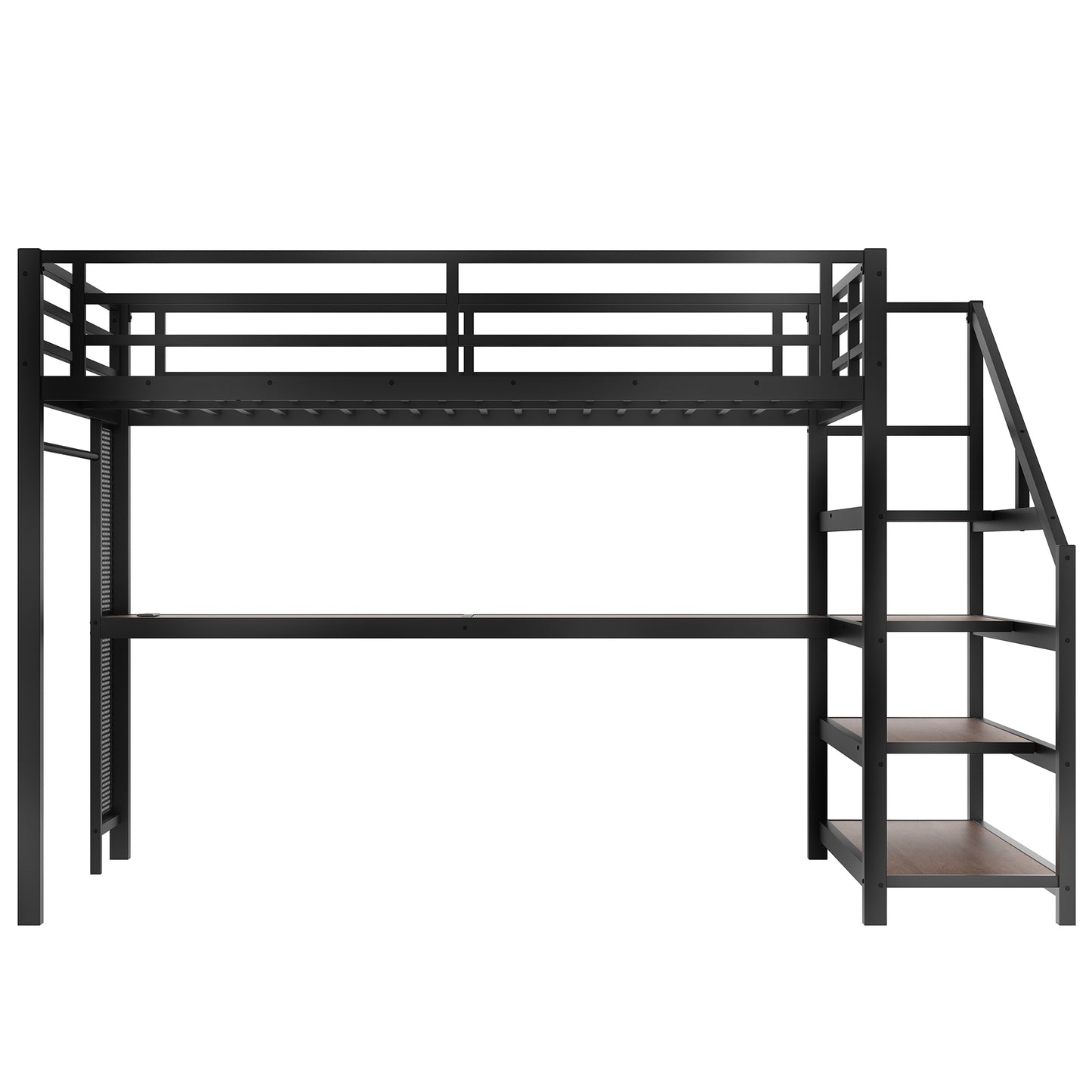 Queen Loft Bed with Desk and Storage Stairs, Metal Loft Beds with LED Lights, USB Ports, Multifunctional Iron Nets, No Spring Box Needed and Noise-free, Black image 6