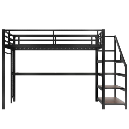 Queen Loft Bed with Desk and Storage Stairs, Metal Loft Beds with LED Lights, USB Ports, Multifunctional Iron Nets, No Spring Box Needed and Noise-free, Black image 6