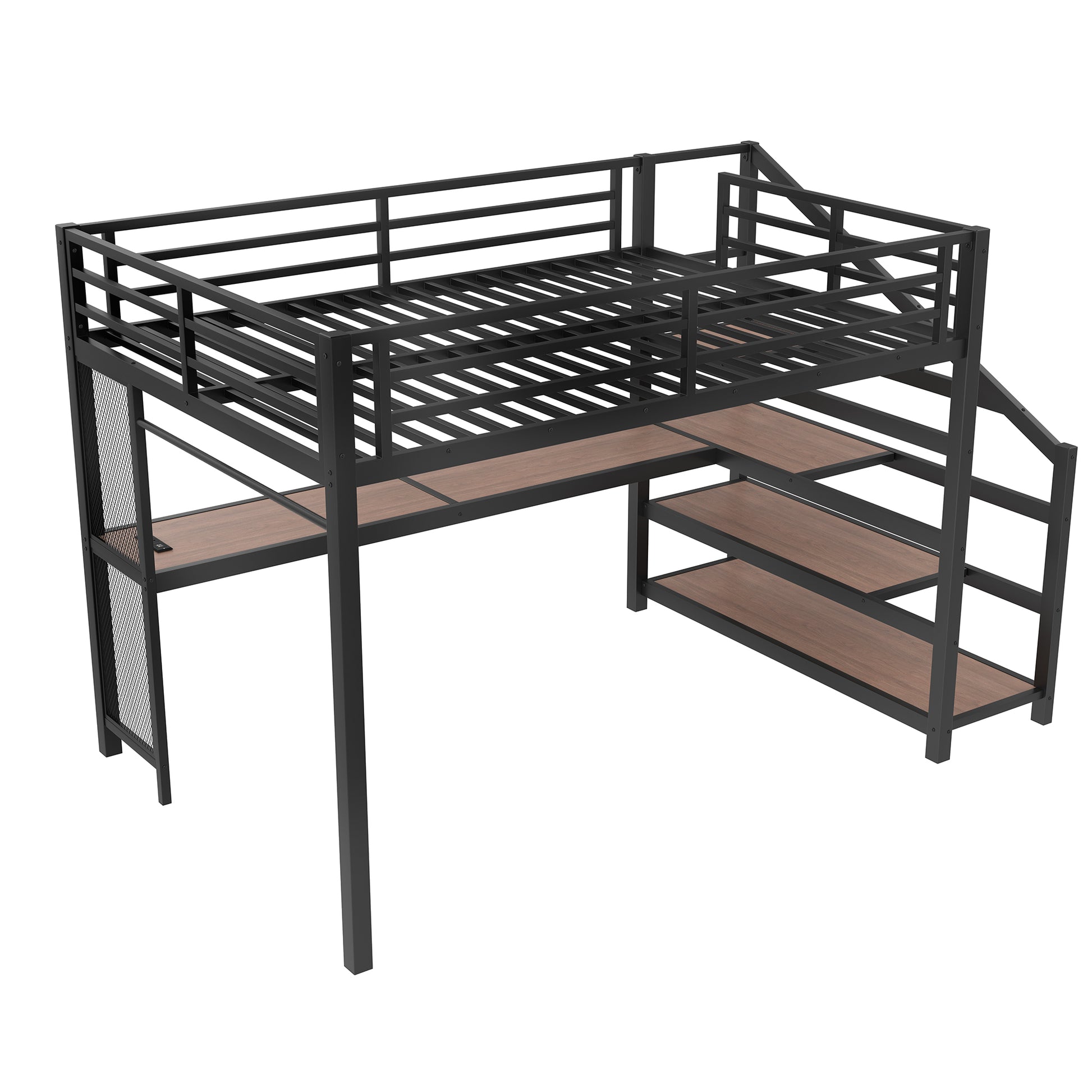 Queen Loft Bed with Desk and Storage Stairs, Metal Loft Beds with LED Lights, USB Ports, Multifunctional Iron Nets, No Spring Box Needed and Noise-free, Black image 12