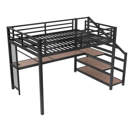 Queen Loft Bed with Desk and Storage Stairs, Metal Loft Beds with LED Lights, USB Ports, Multifunctional Iron Nets, No Spring Box Needed and Noise-free, Black image 12
