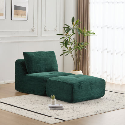 Modern Memory Foam Compressed Sofa,Single Chaise Longue for Living Room,Pet-Friendly Cloud Modular Sectional Sofa,Corduroy Fabric,Movable Ottoman,No Assembly required,Green image 1