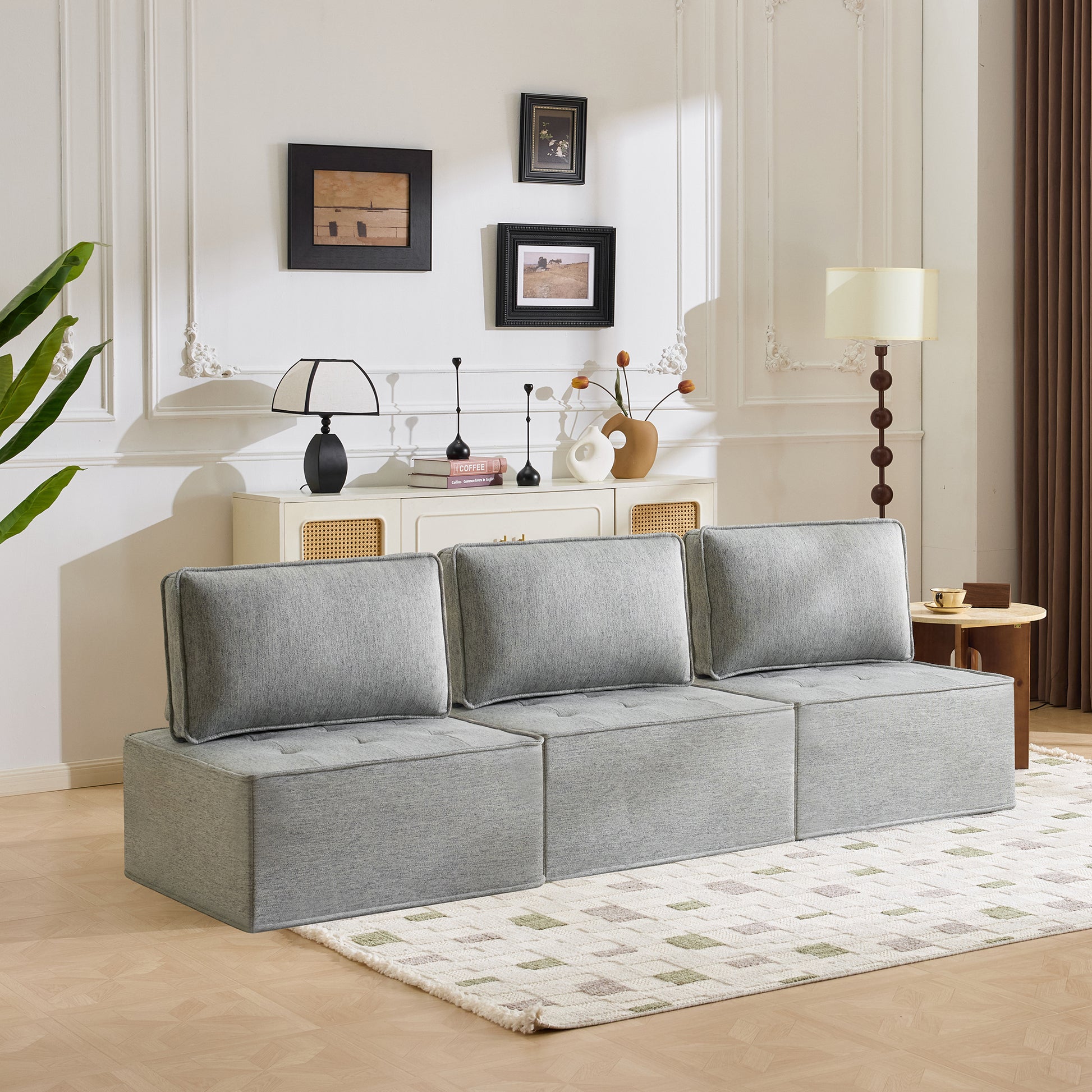 The light gray linen wooden frame sofa can be freely spliced, meeting various needs such as in small apartment living rooms and adapting to various decoration styles." image 4