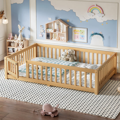 Full Size Bed Floor Bed with Safety Guardrails and Door for Kids, Natural image 1