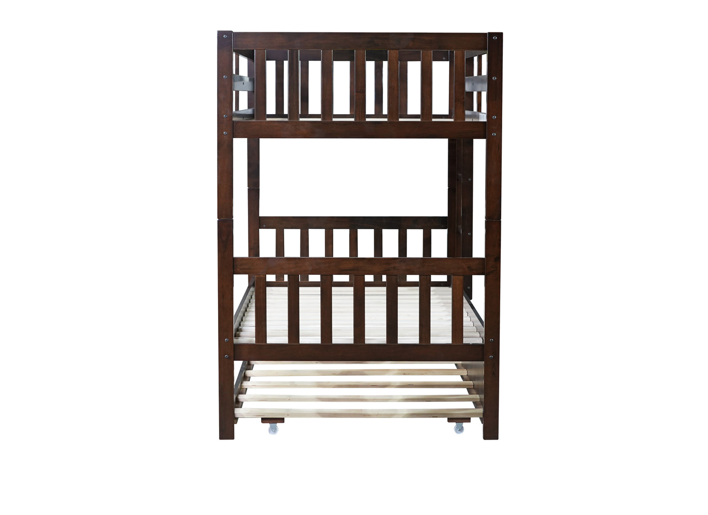 Twin Over Twin Rubber Wood Bunk Bed with Trundle, Convertible into Twin Size Beds, Twin Size Bunk Bed with Ladder and Safety Guardrails,Espresso image 9