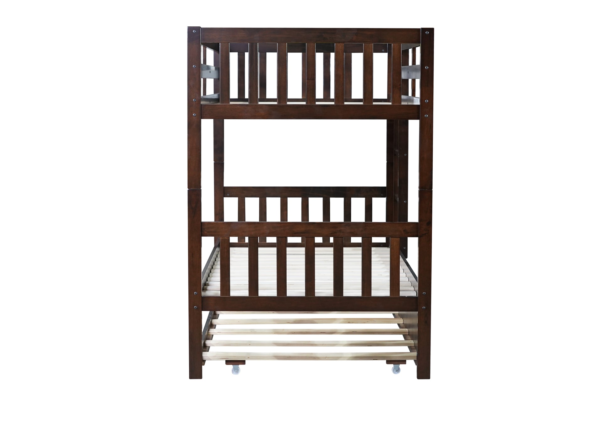 Twin Over Twin Rubber Wood Bunk Bed with Trundle, Convertible into Twin Size Beds, Twin Size Bunk Bed with Ladder and Safety Guardrails,Espresso image 9