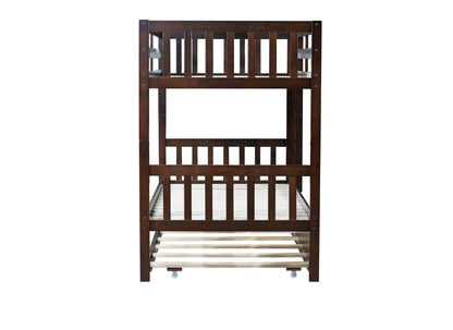 Twin Over Twin Rubber Wood Bunk Bed with Trundle, Convertible into Twin Size Beds, Twin Size Bunk Bed with Ladder and Safety Guardrails,Espresso image 9
