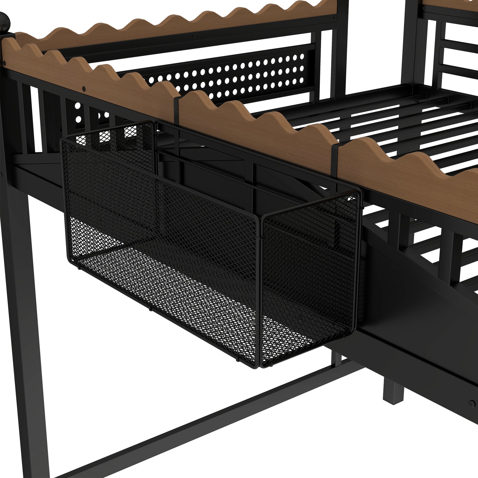 Queen Size Loft Bed with Ladders, Metal Loft Bed with Storage Shelves and bookshelf, No Box Spring Needed and Chic Design, Black image 11
