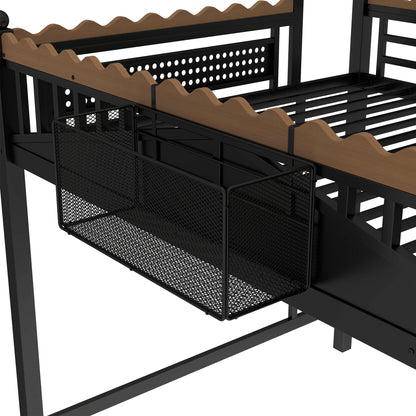 Queen Size Loft Bed with Ladders, Metal Loft Bed with Storage Shelves and bookshelf, No Box Spring Needed and Chic Design, Black image 11