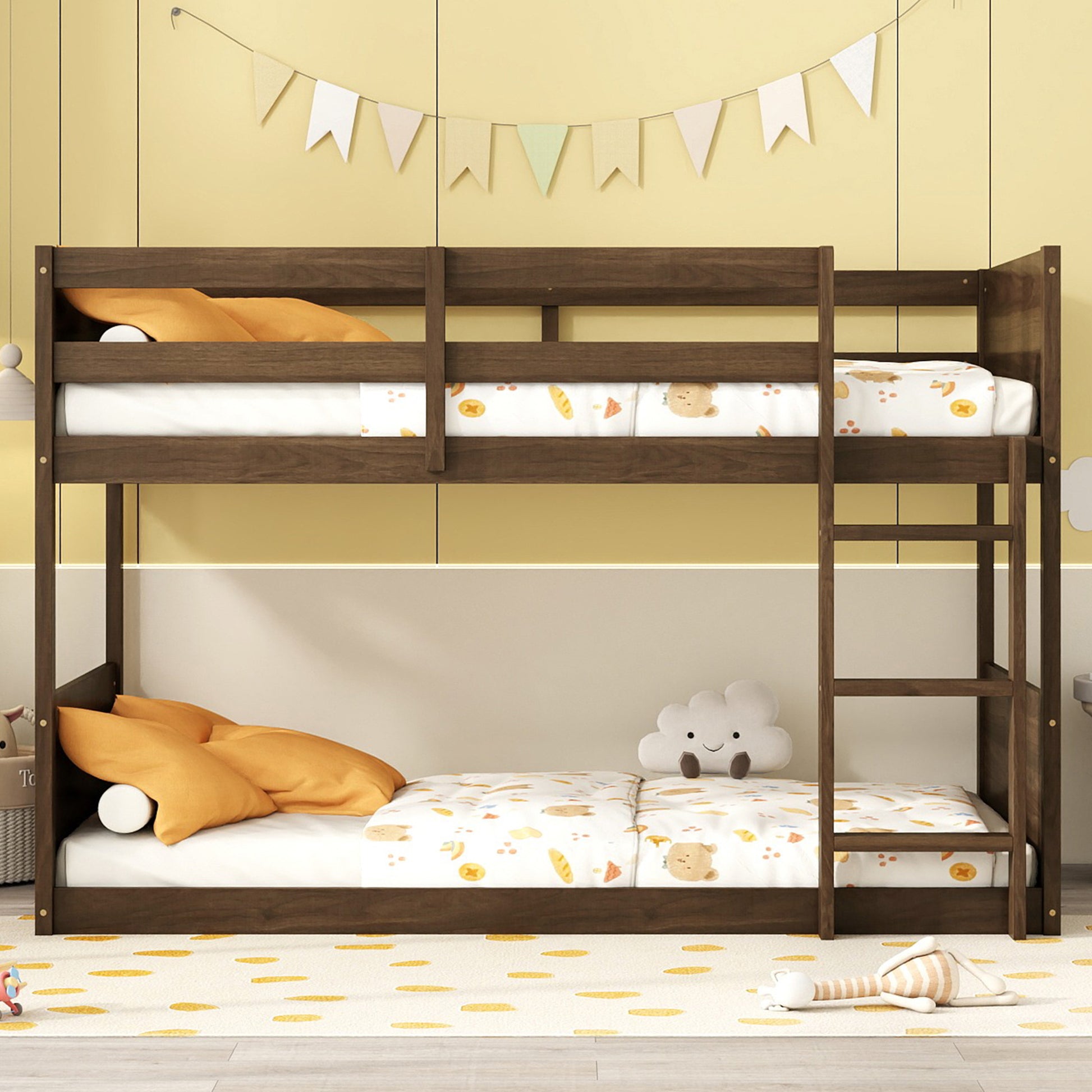 Twin over Twin Floor Bunk Bed with Panelled Headboard and Footboard, Solid Rubber Wood Foundation with Safety Guardrails, Built-in ladder,Antique Oak(Old Sku W504P263818) image 8