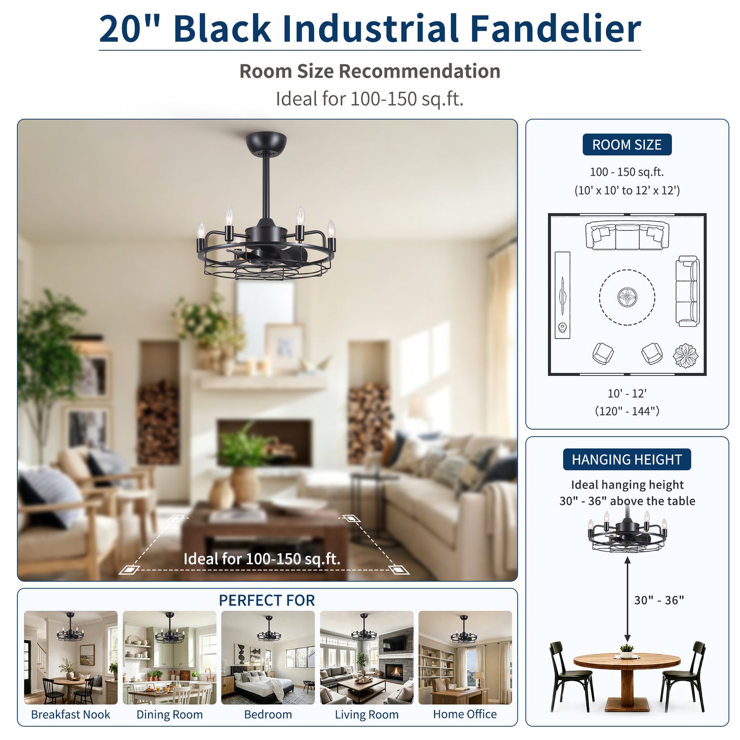 20" Industrial Ceiling Fan with Lights, Farmhouse Fandelier with 6 E12 Sockets, Reversible DC Motor, 6 Speeds Remote Control Ceiling Fan for Dining Room Kitchen Bedroom image 12