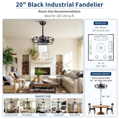 20" Industrial Ceiling Fan with Lights, Farmhouse Fandelier with 6 E12 Sockets, Reversible DC Motor, 6 Speeds Remote Control Ceiling Fan for Dining Room Kitchen Bedroom image 12
