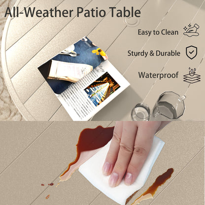 Outdoor Round Patio Dining Table for 6-7, All Weather Metal Dining Table with Umbrella Hole for Deck Lawn Garden Backyard, Sandstone Color image 5