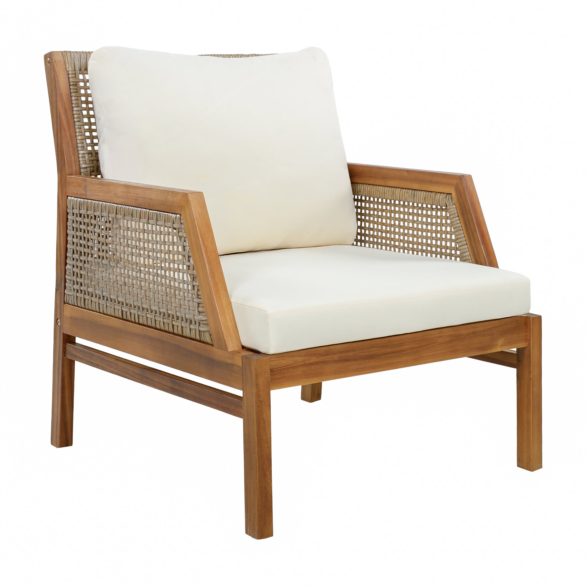 Acacia Wood Patio Furniture Club Chair, Outdoor Wicker Armchair, Deep Seating with Soft Cushions for Porch, Garden, Backyard, Balcony, Teak & Mix Brown & Cream image 2
