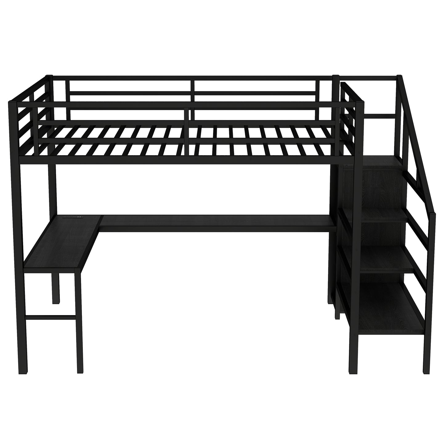 Queen Size Loft Bed with L-shaped Desk and USB, Metal Loft Bed with Wardrobe and Adjustable Shelf, High Loft Bed with LED for Kids Teens Adults, Black image 10