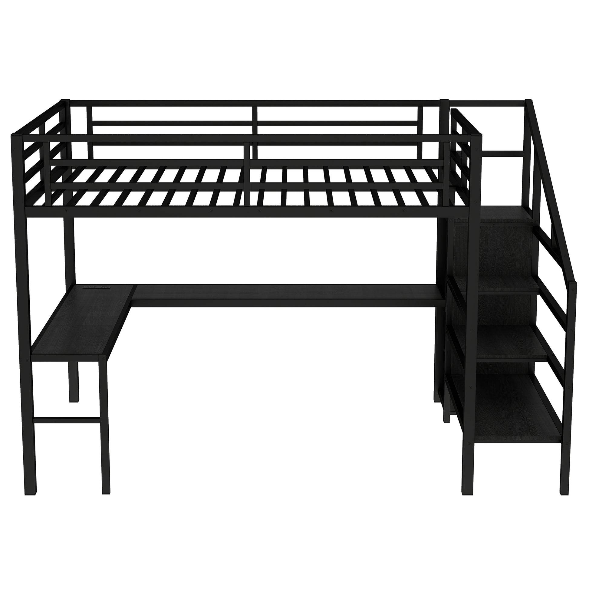Queen Size Loft Bed with L-shaped Desk and USB, Metal Loft Bed with Wardrobe and Adjustable Shelf, High Loft Bed with LED for Kids Teens Adults, Black image 10