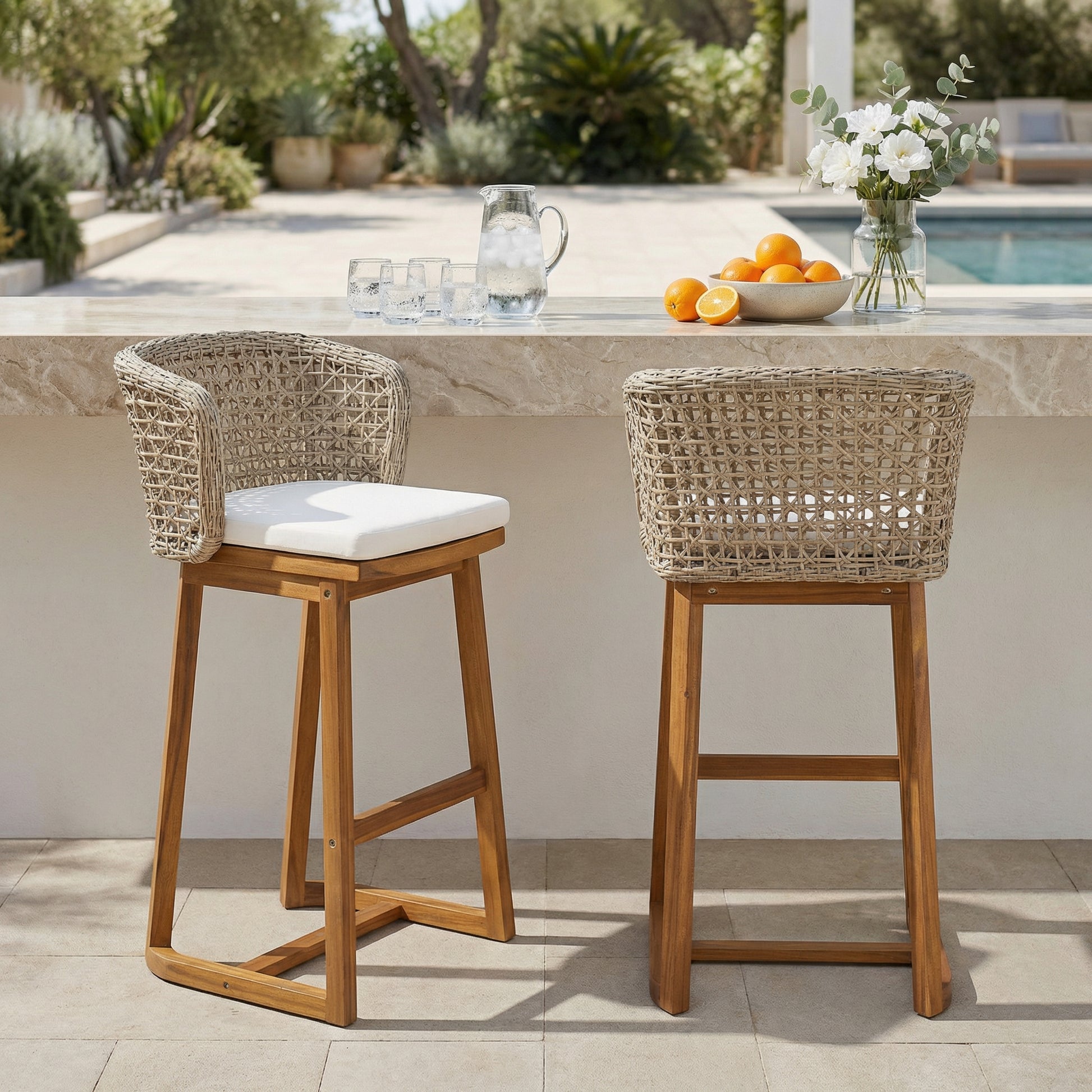 Outdoor Acacia Wood Bar Stools (Set of 2), Teak Finish Bar Height Chairs with Beige Cushion & Light Brown Wicker Back, Counter Height Stools for Patio, Poolside, Kitchen Island image 1